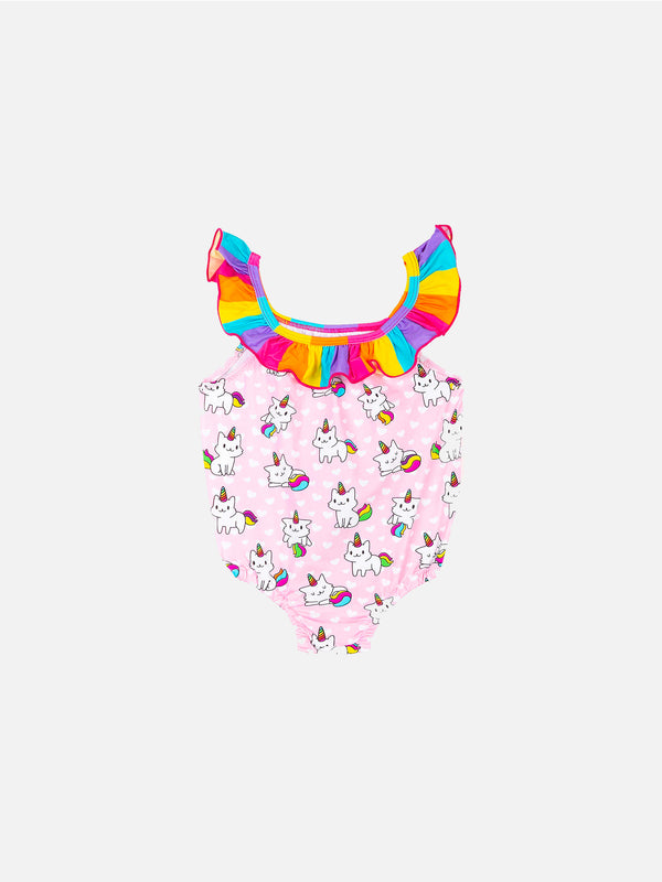 Costume intero da neonata con stampa gatto unicorno