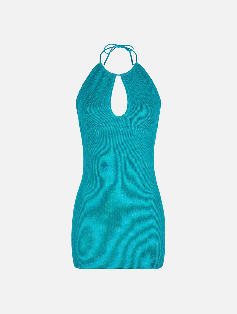 Aquamaringrünes Neckholder-Crinkle-Kleid aus Lurex für Damen