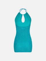 Aquamaringrünes Neckholder-Crinkle-Kleid aus Lurex für Damen