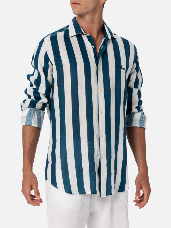 Camicia da uomo in lino rigato blu navy Pamplona