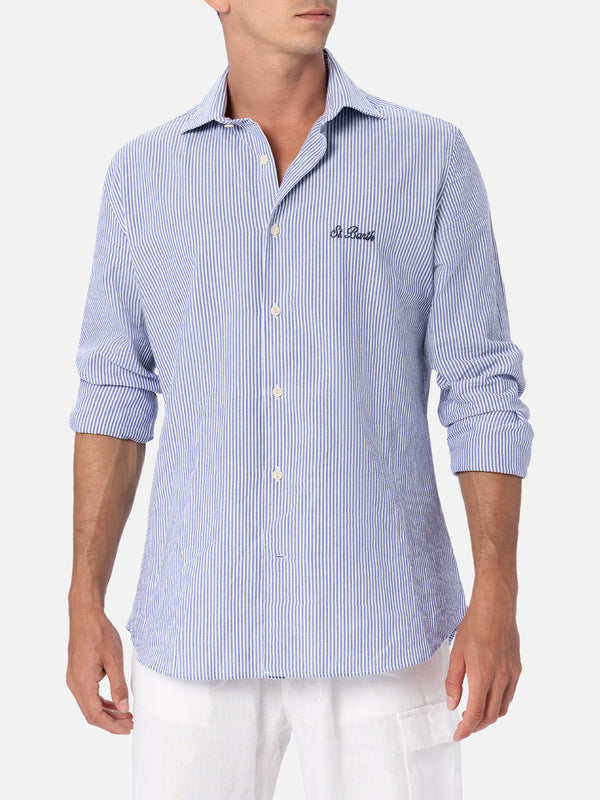 Man seersucker cotton shirt Pamplona with bluette stripes