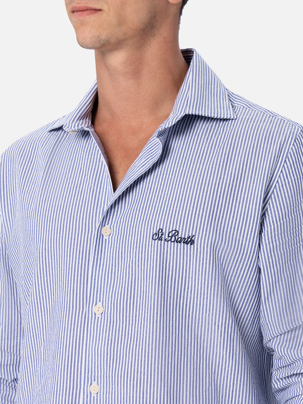 Camicia da uomo Pamplona in cotone seersucker con righe bluette