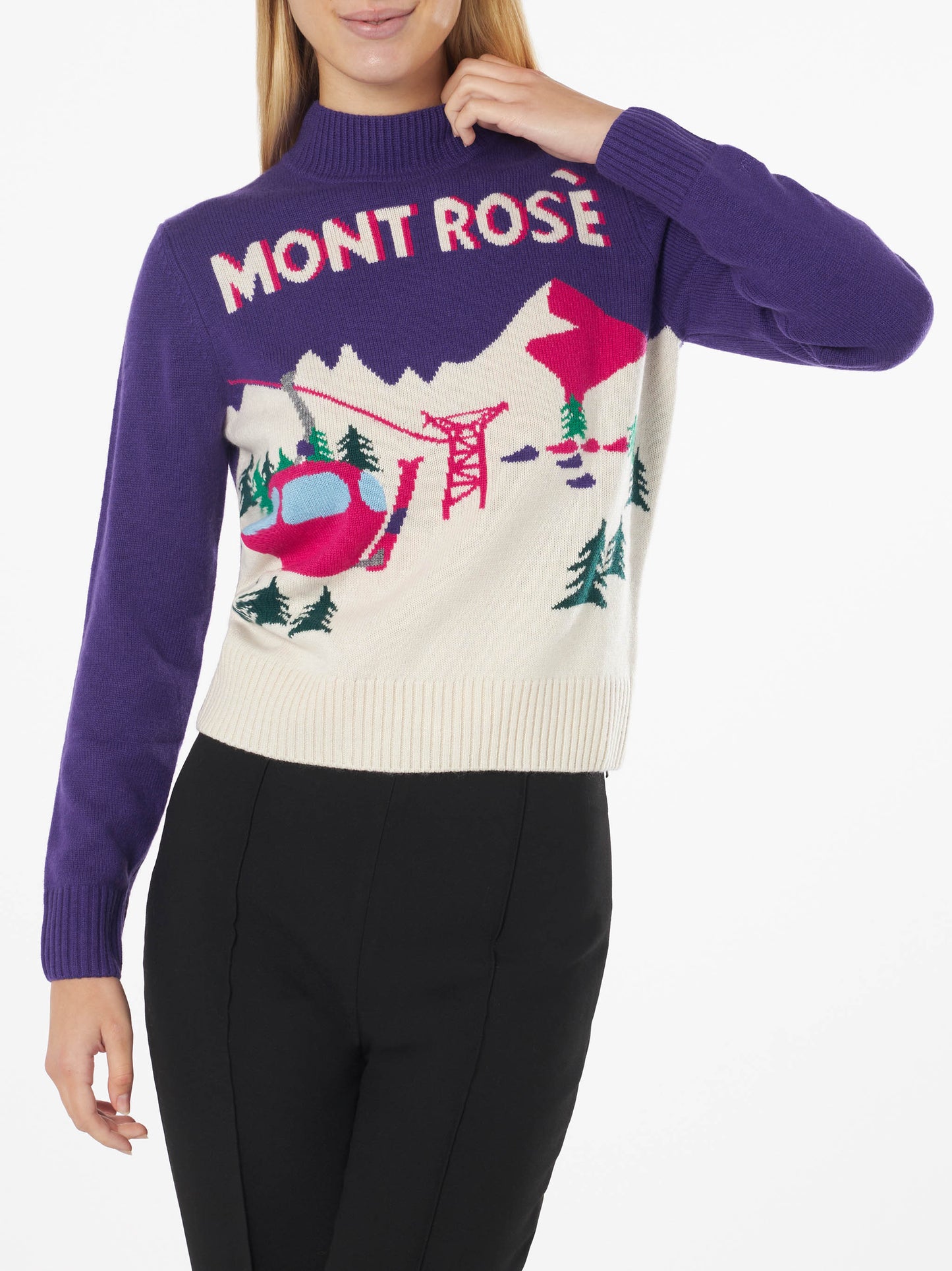 Woman crewneck sweater New Queen with Mont Rosè postcard jacquard
