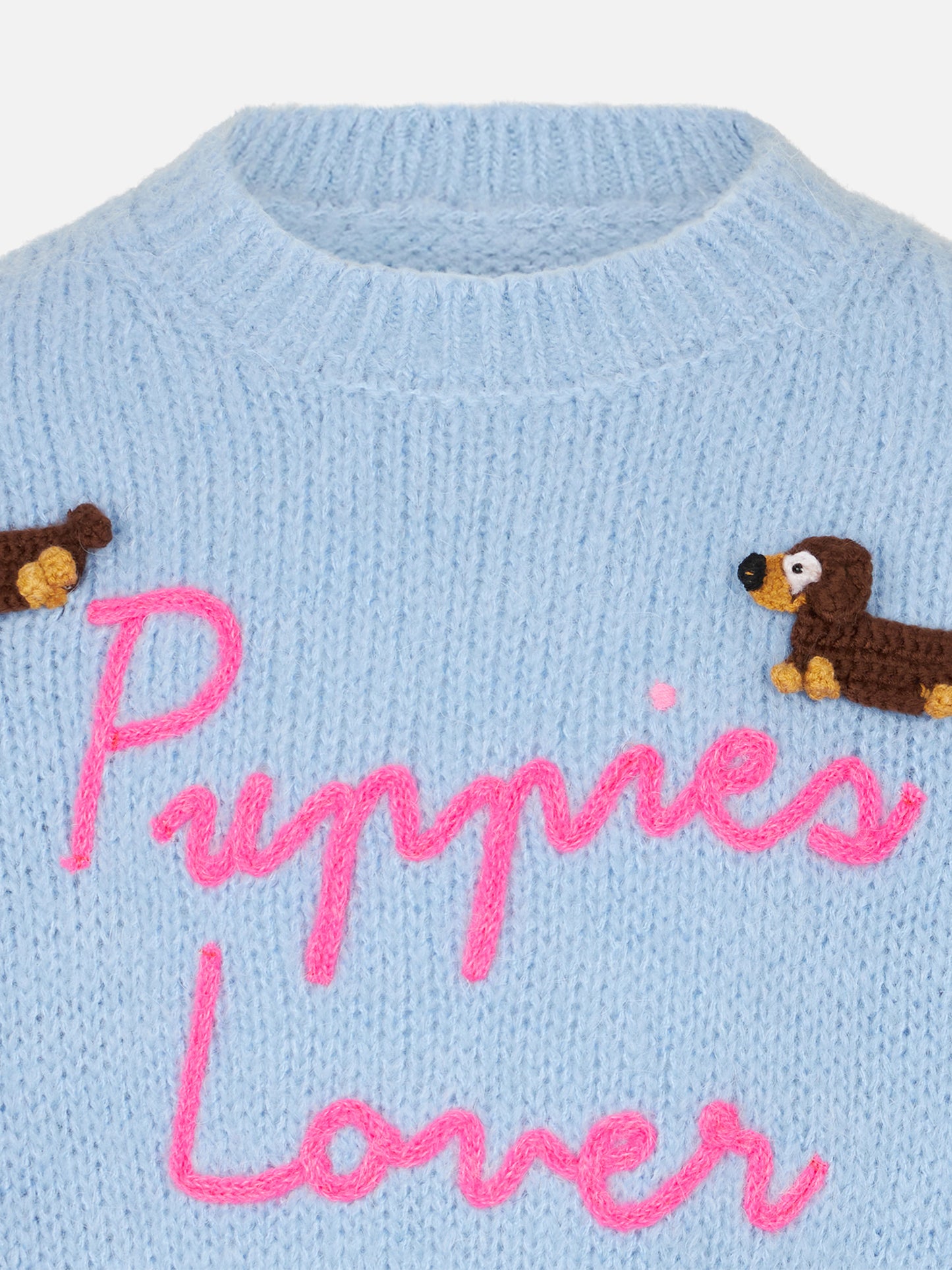 Girl crewneck soft sweater with dogs crochet patch and Puppies Lover embroidery