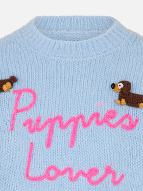 Girl crewneck soft sweater with dogs crochet patch and Puppies Lover embroidery