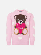 Girl crewneck sweater with teddy bear embroidery