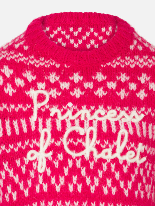Girl crewneck soft sweater with fair isle print and Princess of Chalet embroidery