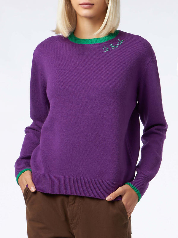 Maglia cropped da donna viola con dettagli verdi