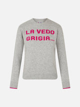 Woman crewneck grey sweater with La Vedo Grigia... print