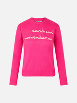 Woman crewneck fluo pink sweater with Non Sarà un'Avventura embroidery | NIKI DJ SPECIAL EDITION