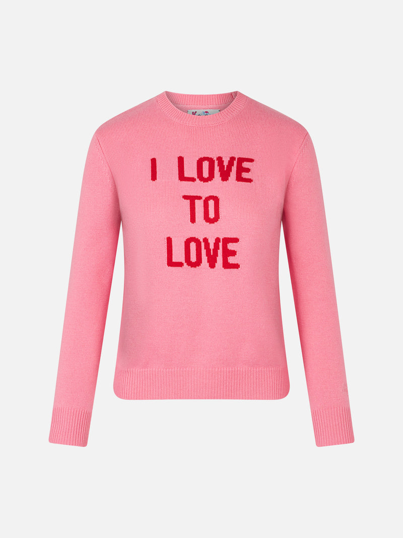Damen-Rundhalspullover in Rosa mit Aufdruck „I love to Love“ | NIKI DJ SONDEREDITION