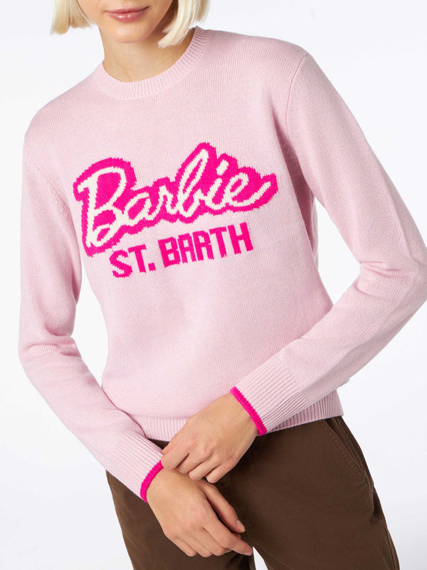 Rosafarbener Damenpullover mit Rundhalsausschnitt und Barbie-Aufdruck | BARBIE-SONDEREDITION
