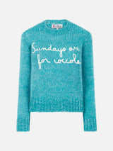 Maglia da donna girocollo morbida crop con ricamo Sundays are for Coccole