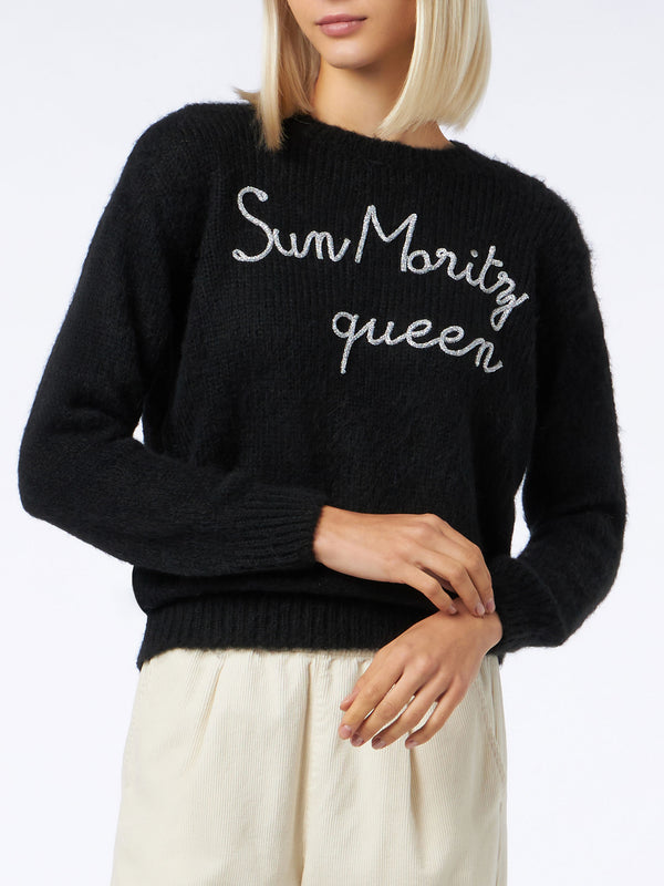 Woman crewneck soft sweater with Sun Moritz Queen embroidery