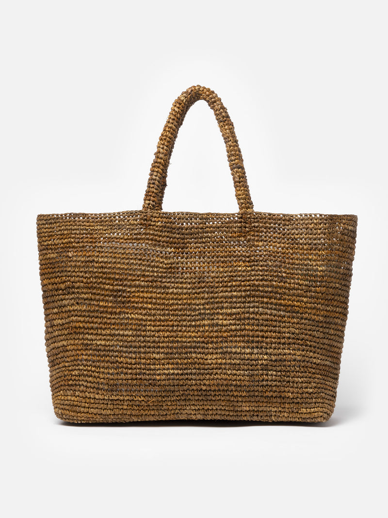 Kamelfarbene Raffia-Strandtasche mit Baumwollbeutel