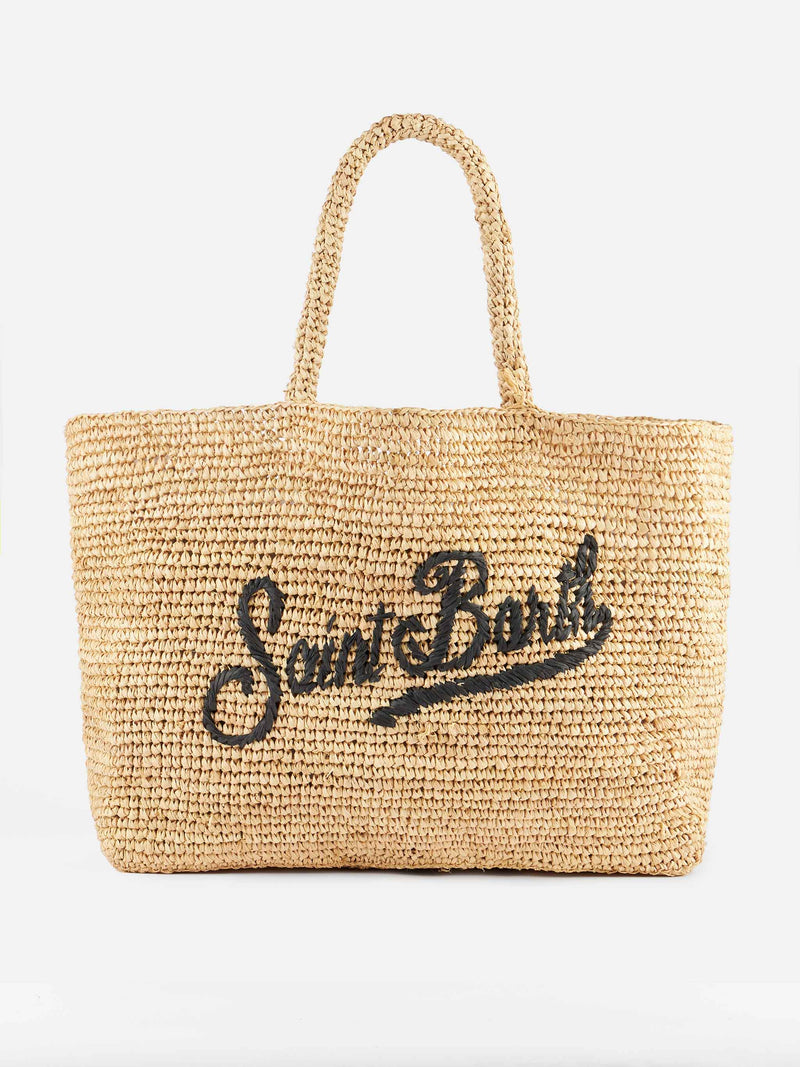 Borsa da spiaggia in rafia a righe beige con custodia in cotone