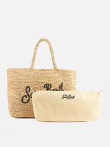 Beige gestreifte Raffia-Strandtasche mit Baumwollbeutel