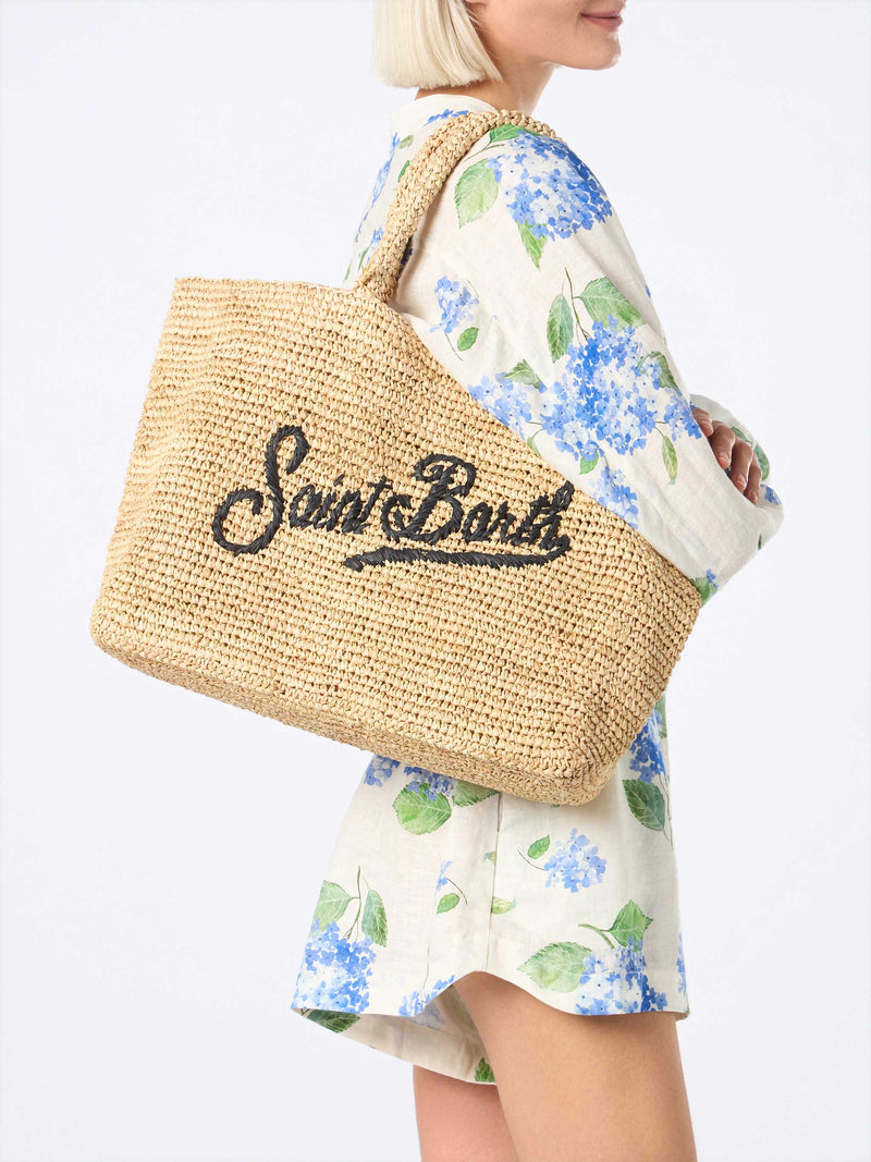 Borsa da spiaggia in rafia a righe beige con custodia in cotone