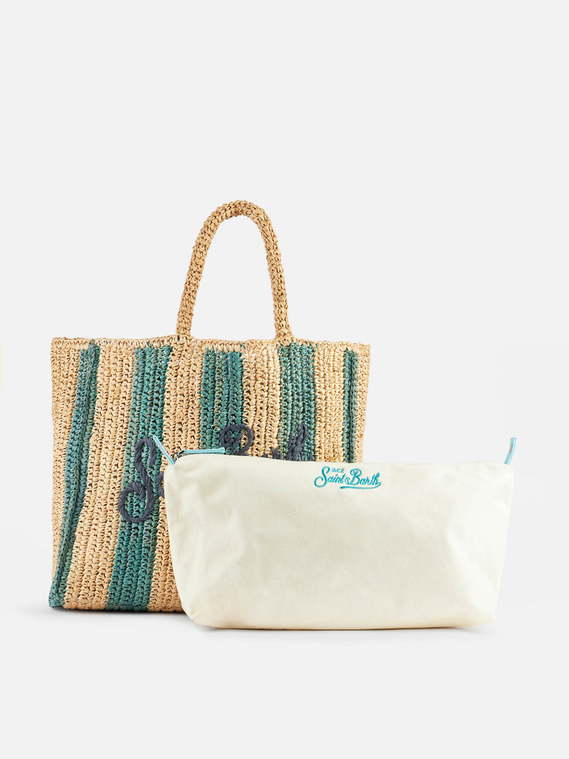 Borsa da spiaggia in rafia a righe azzurre con pochette in cotone