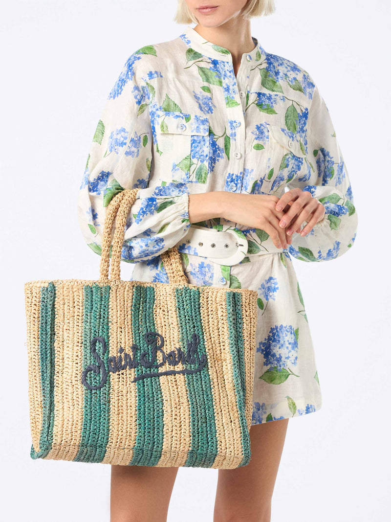 Borsa da spiaggia in rafia a righe azzurre con pochette in cotone