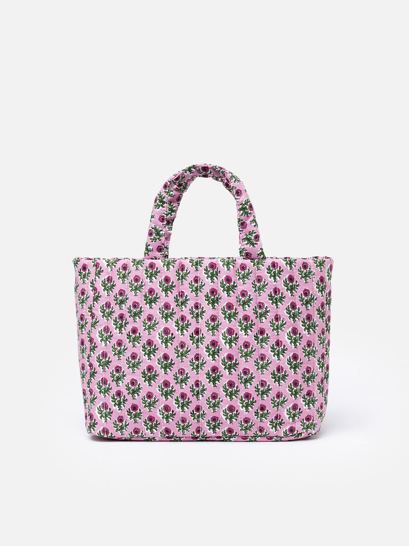 Gesteppte Soft Tote Mid Bag mit rosa Blumenmuster