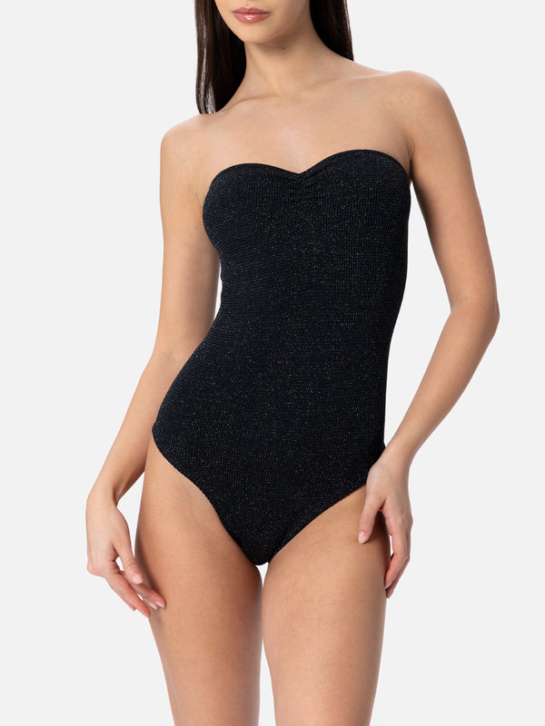Trägerloser Damen-Badeanzug Soleil aus schwarzem Lurex