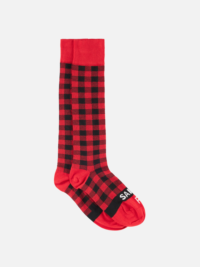 Lange Herrensocken mit rot-schwarzem Karomuster