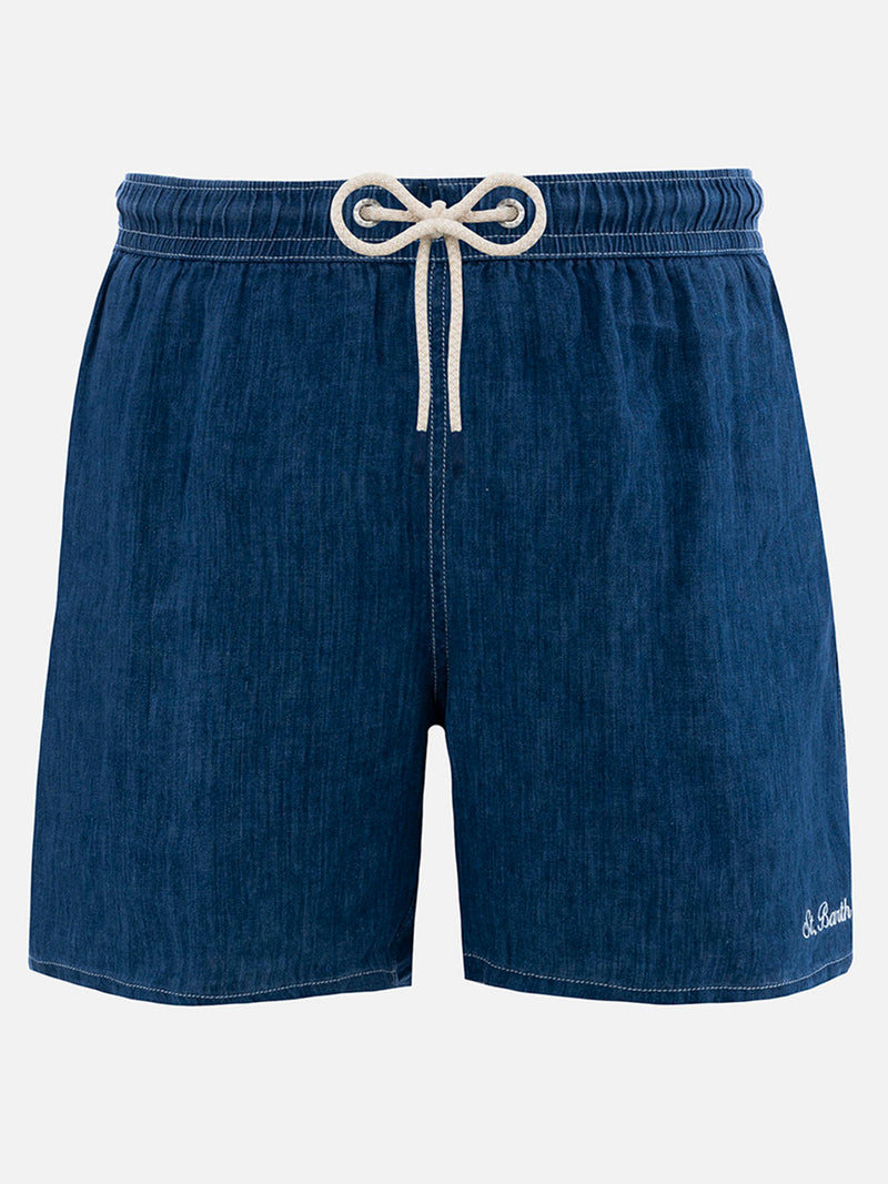 Denim swim shorts on sale