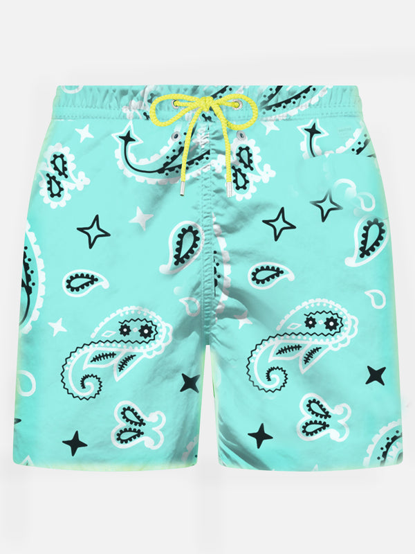 Man light fabric swim shorts with water green paisley print