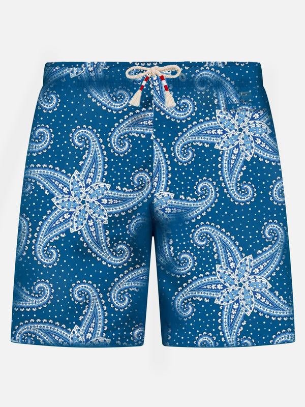 Man light fabric swim shorts with blue paisley print