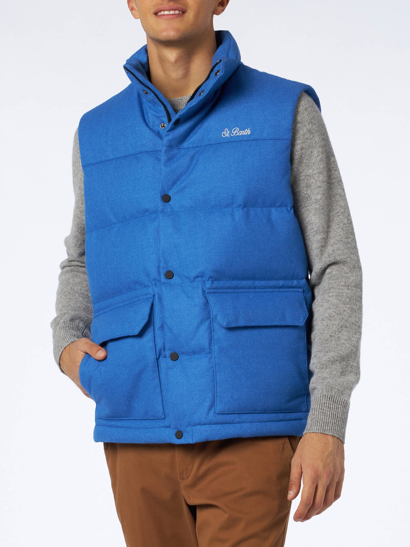 Gilet da uomo imbottito in piuma di lana bluette con tasche