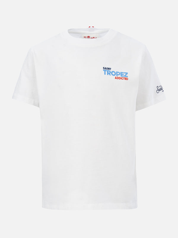 Boy cotton t-shirt with Saint Tropez addicted postcard print
