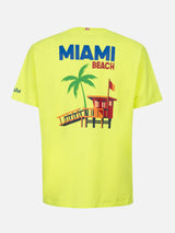 Man cotton t-shirt with Miami Beach postcard placed print