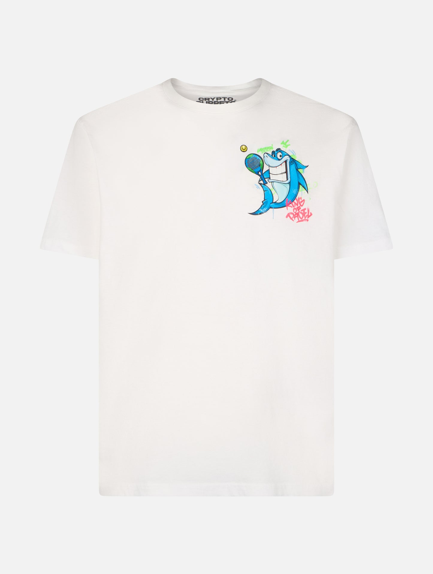 Man cotton t-shirt with Crypto puppets Shark Padel front and back placed print | CRYPTO PUPPETS SPECIAL EDITION