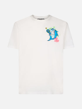 Man cotton t-shirt with Crypto puppets Shark Padel front and back placed print | CRYPTO PUPPETS SPECIAL EDITION