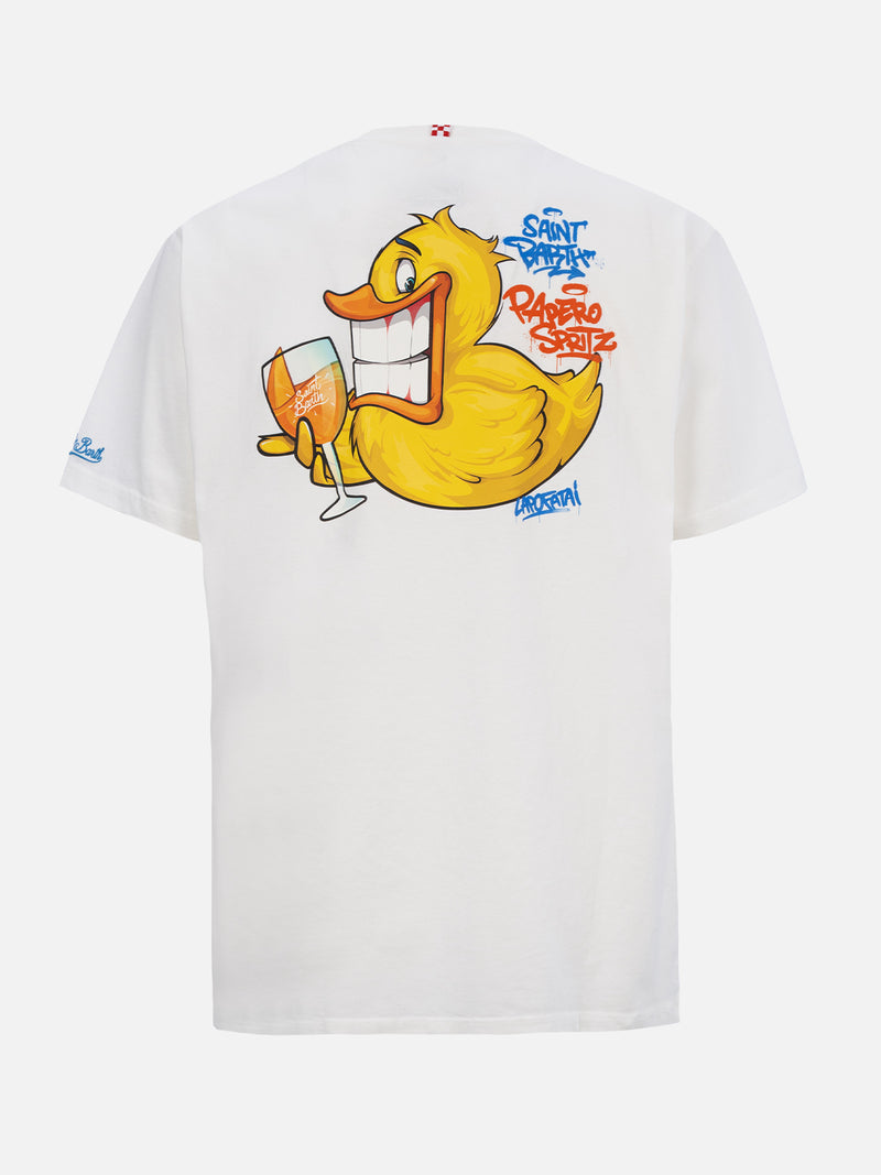 Herren-Baumwoll-T-Shirt mit platziertem Aufdruck „Cryptopuppets Ducky Aperitif“ auf Vorder- und Rückseite | CRYPTOPUPPET-SONDERAUSGABE