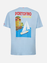 Man cotton t-shirt with Portofino Addicted postcard placed print