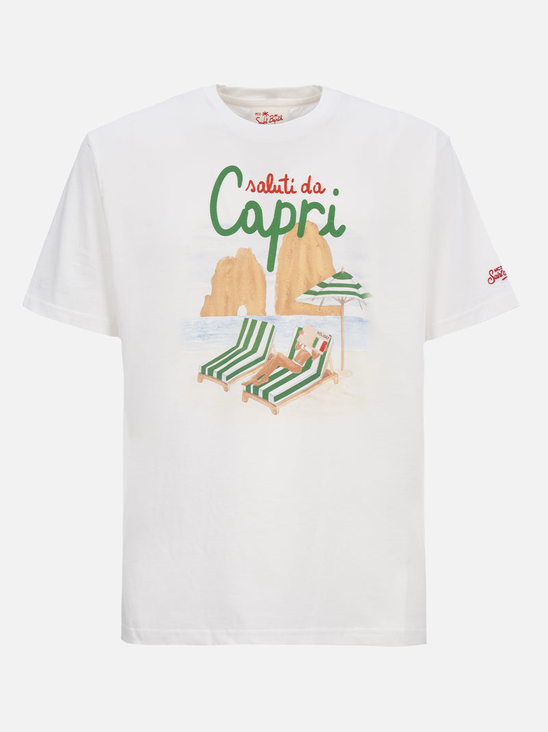 Man cotton t-shirt with Saluti da Capri placed print