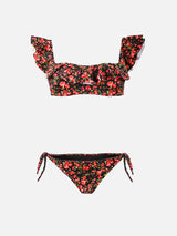 Flower print ruffled bandeau bikini