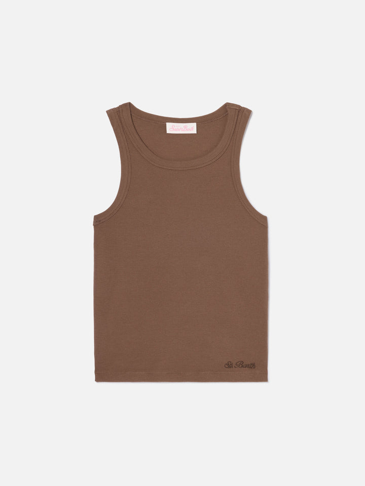 Brown ribbed Ada tank top with embroidery