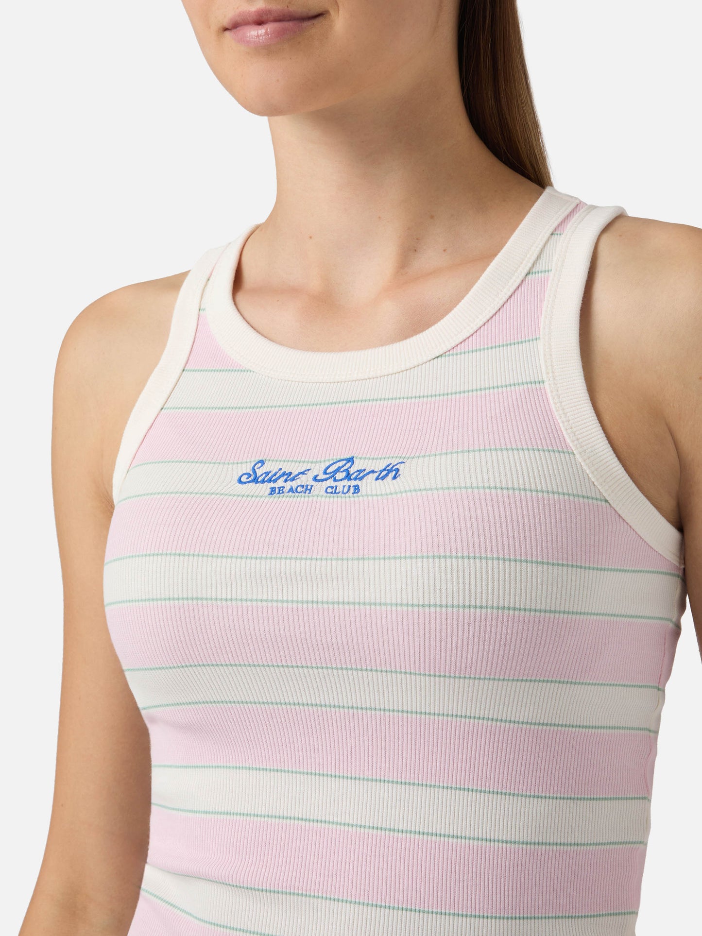 Canottiera Ada a righe rosa con ricamo beach club