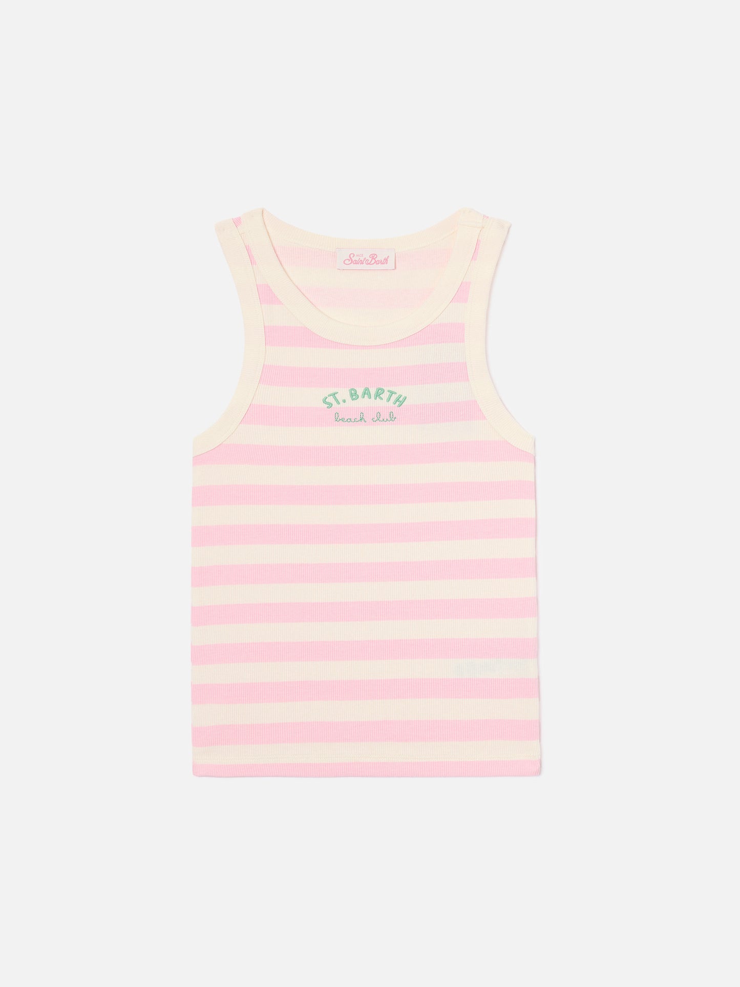 Camiseta de tirantes Ada de rayas rosas con bordado beach club 