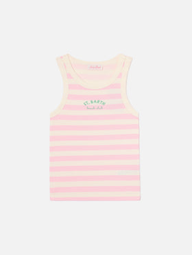 Camiseta de tirantes Ada de rayas rosas con bordado beach club 