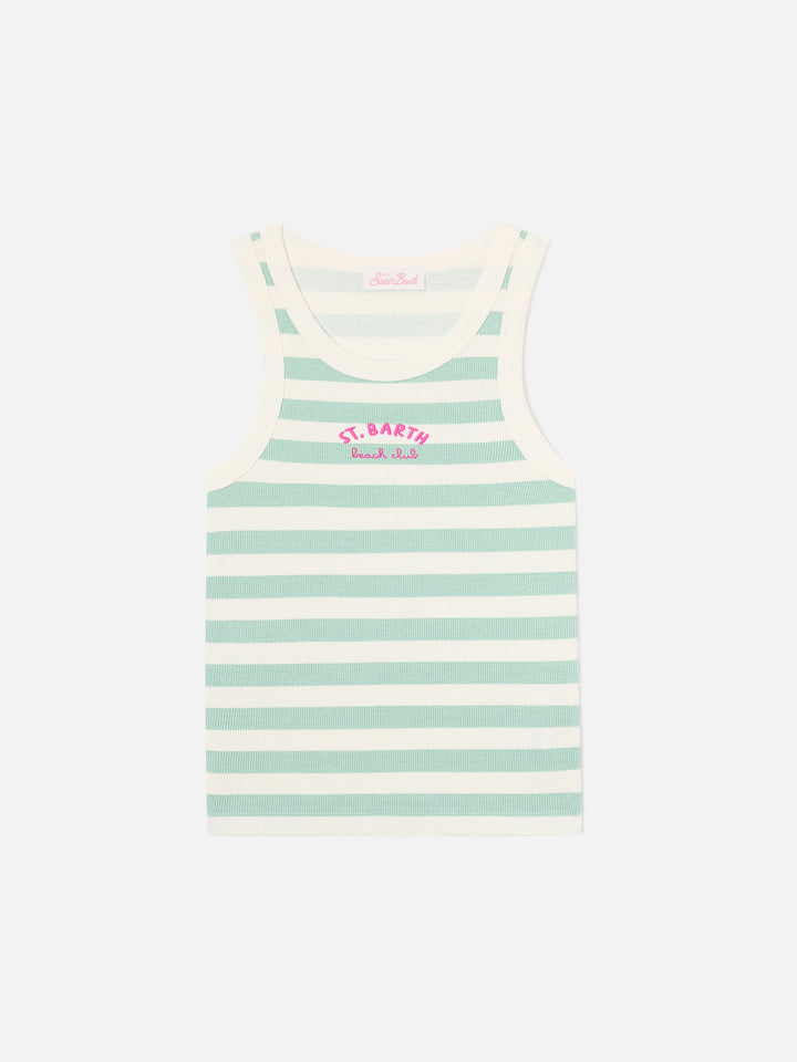 Gestreiftes Ada Tanktop in Salbeigrün mit Beach Club-Stickerei 