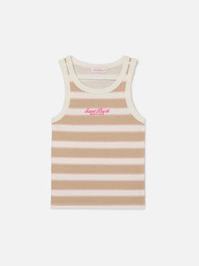 Beige striped Ada tank top with beach club embroidery