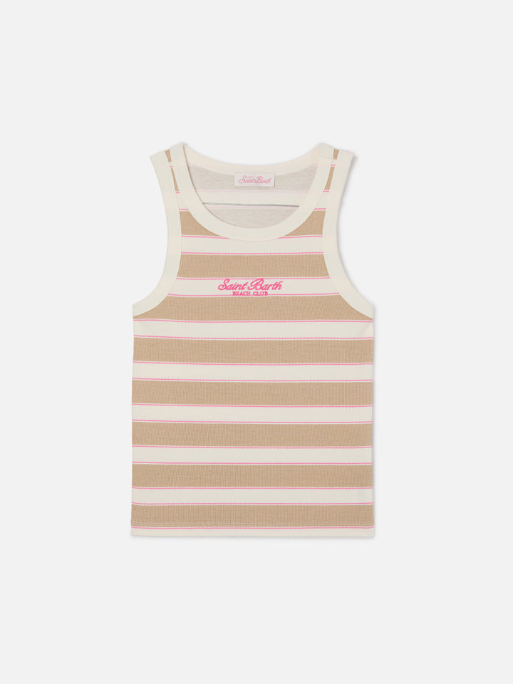 Beige striped Ada tank top with beach club embroidery