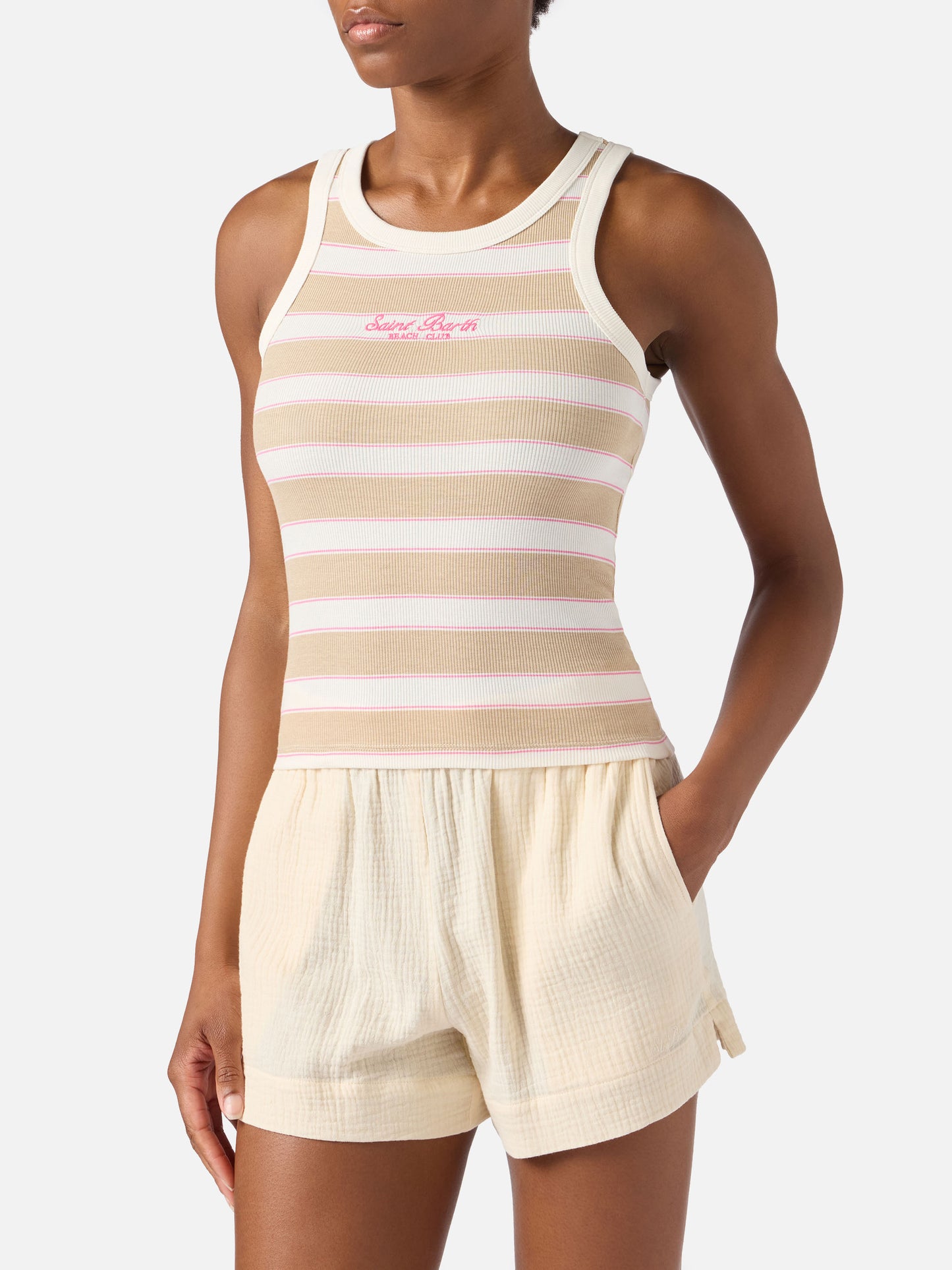 Débardeur Ada rayé beige avec broderie beach club 