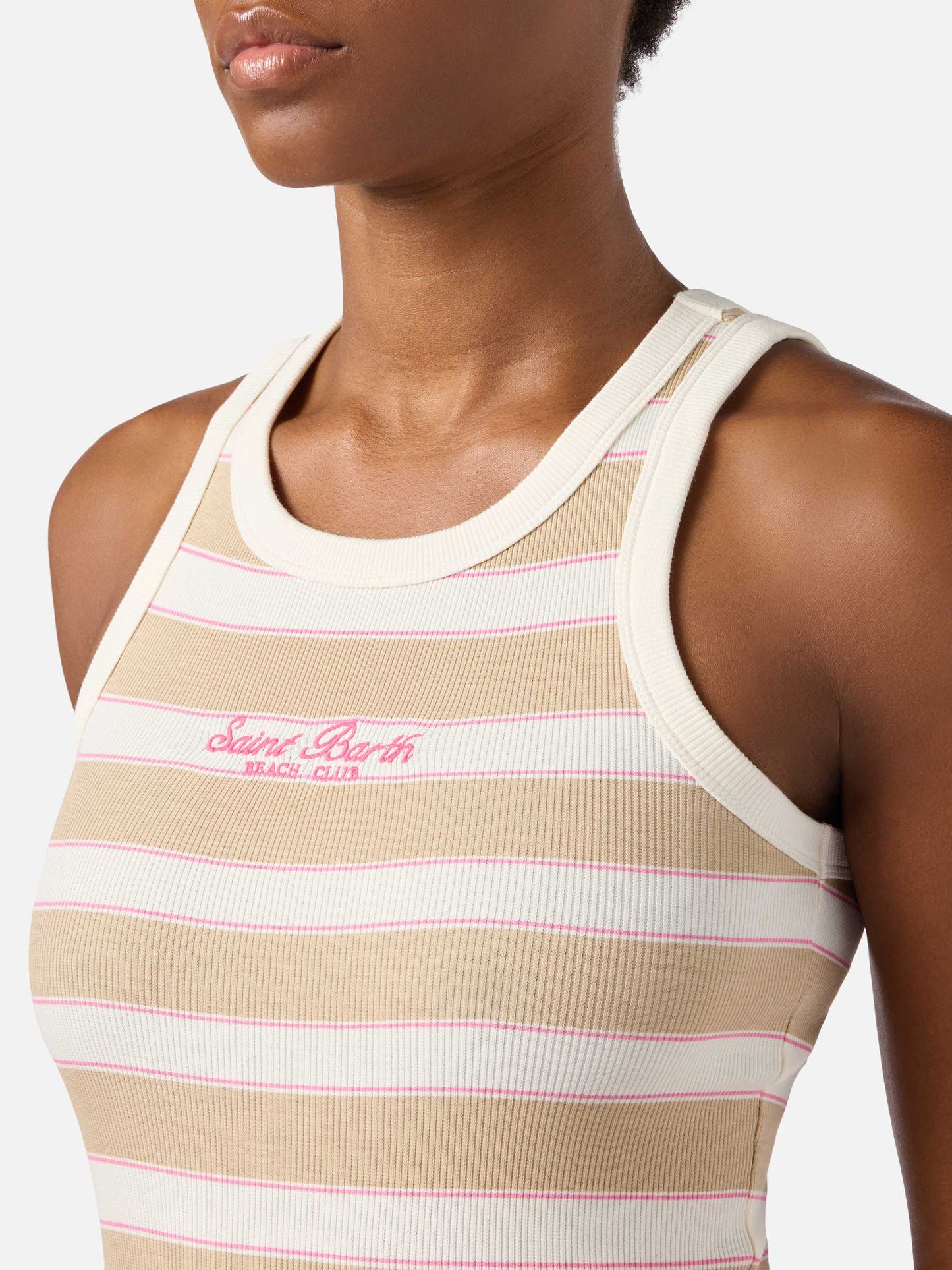 Débardeur Ada rayé beige avec broderie beach club 