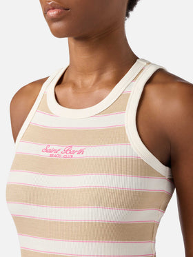 Débardeur Ada rayé beige avec broderie beach club 