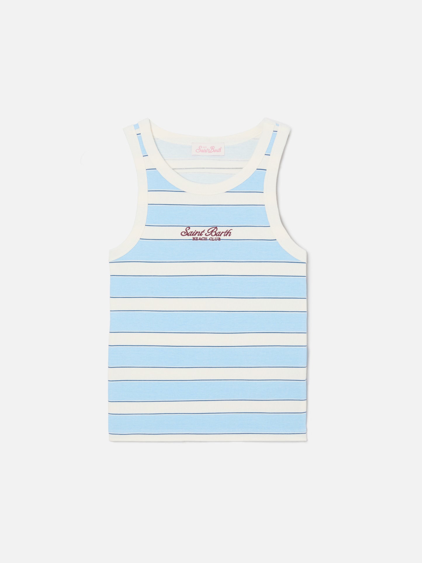Débardeur Ada à rayures bleu clair avec broderie beach club 
